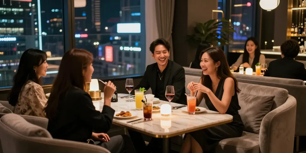 강남달토에서 스타일리시한 밤의 분위기를 즐기는 손님들 모습