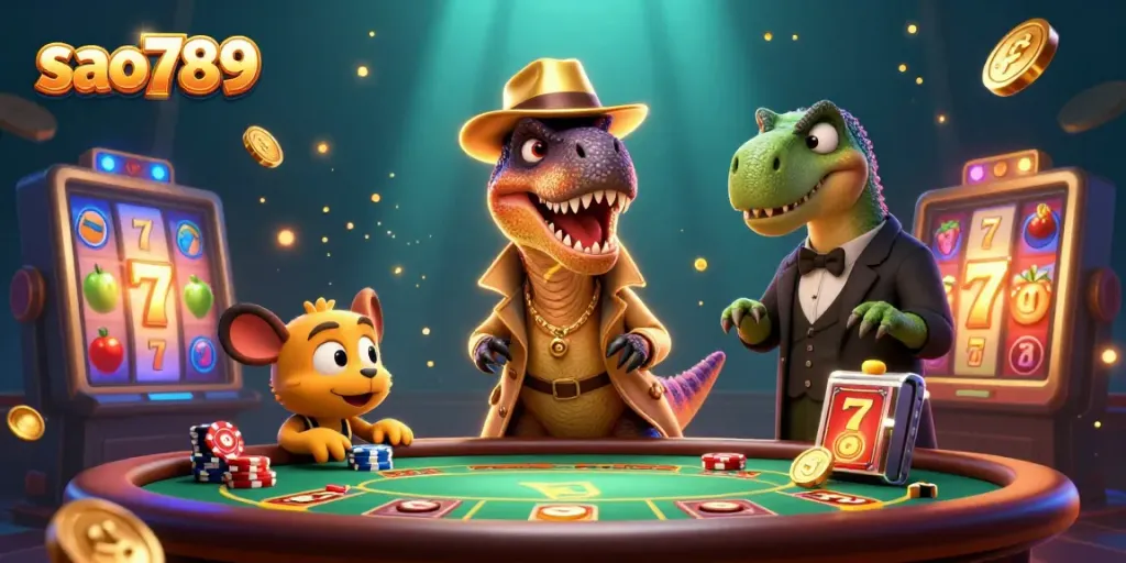 Experience dynamic action with sao789 as cartoon velociraptor card counter at a lively blackjack table.