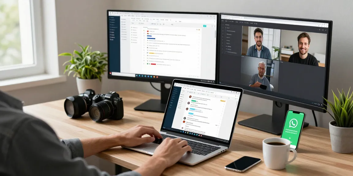 Engaged professional using WhatsApp網頁版 in a modern workspace, surrounded by tech tools and natural light.