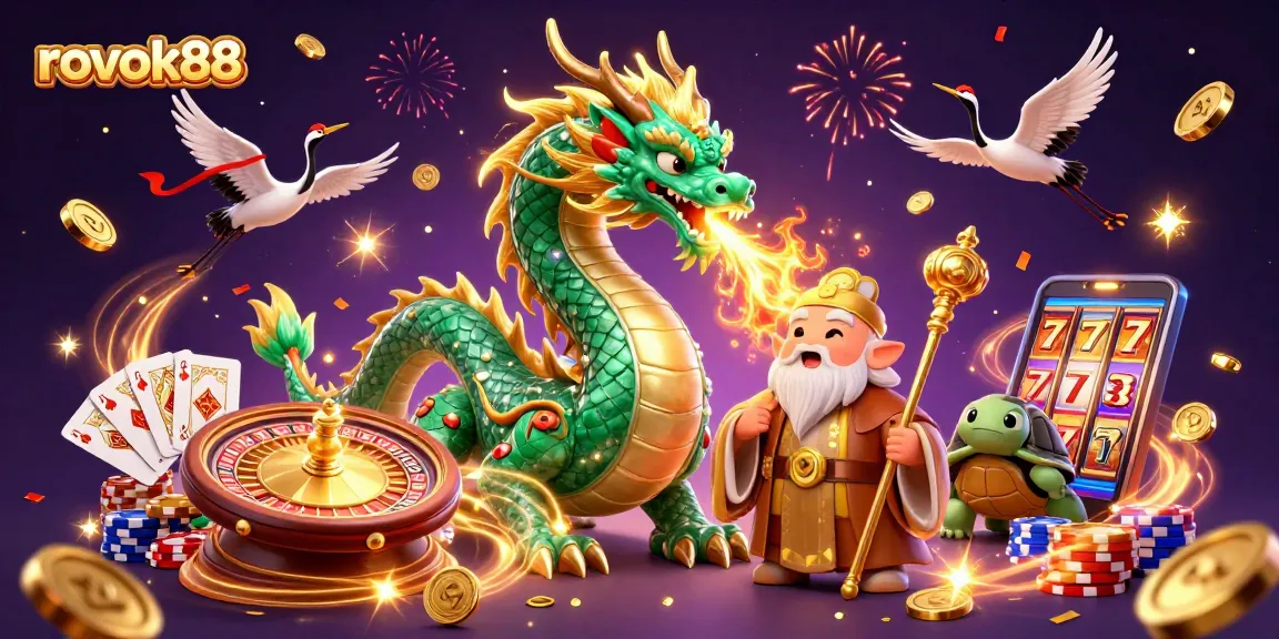 Experience winning excitement with rokok88's dynamic gaming scene featuring mythical characters and vibrant casino elements.