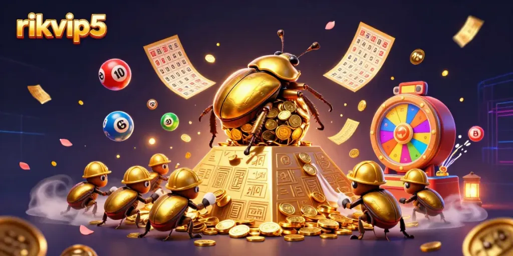 Experience the excitement of rikvip5 with a golden beetle rolling treasure amid vibrant casino elements.