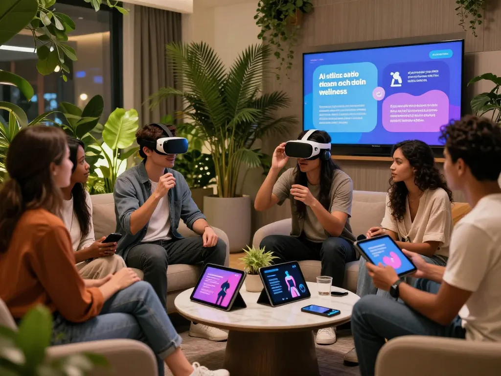 People discussing innovative ai sex technology in a modern lounge creating an inviting atmosphere for exploration.