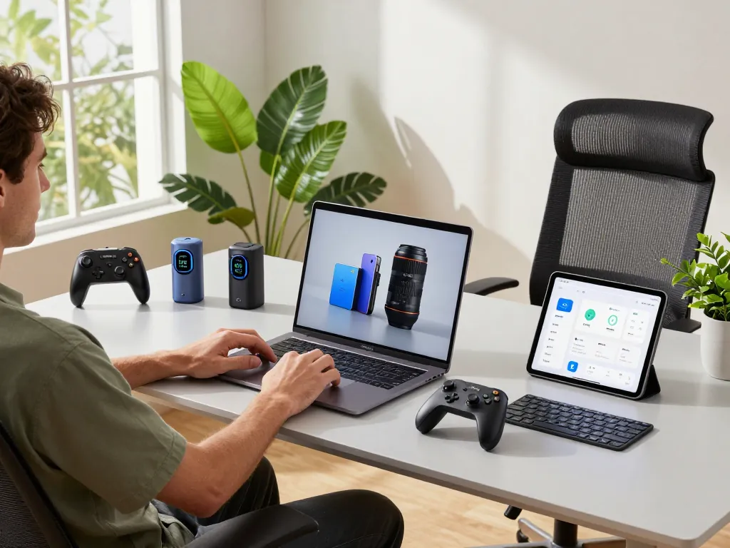 Innovative tech gadgets displayed in a modern workspace setup with natural light, promoting productivity.