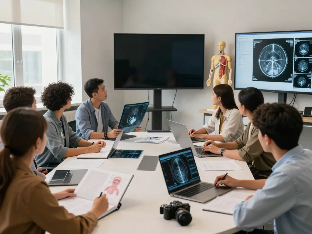 Students learning about CT scans, X-rays, and MRIs at rokok88 in a bright classroom setting.