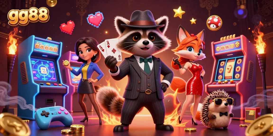 Experience exciting gameplay at gg88 with a suave raccoon, charming fox, and hedgehog bouncer in a vibrant casino setting.