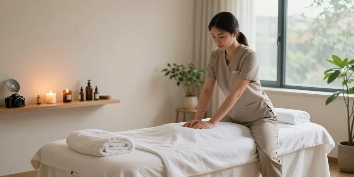 안양출장안마 massage room with soothing ambiance, essential oils, and natural light.