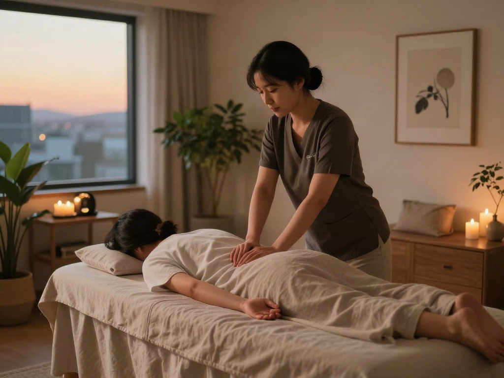 Relaxing 안양출장안마 session in a stylish apartment setting with a therapist and client.