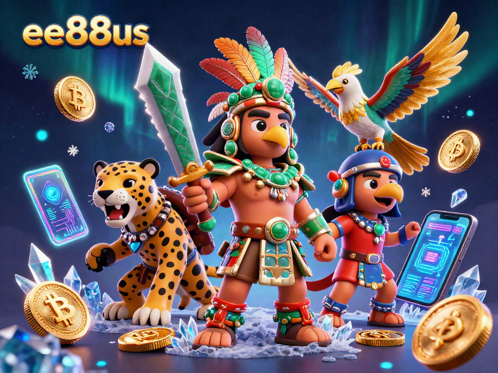 Immersive scene showcasing ee88us with Aztec warriors, crypto coins, and vivid casino elements
