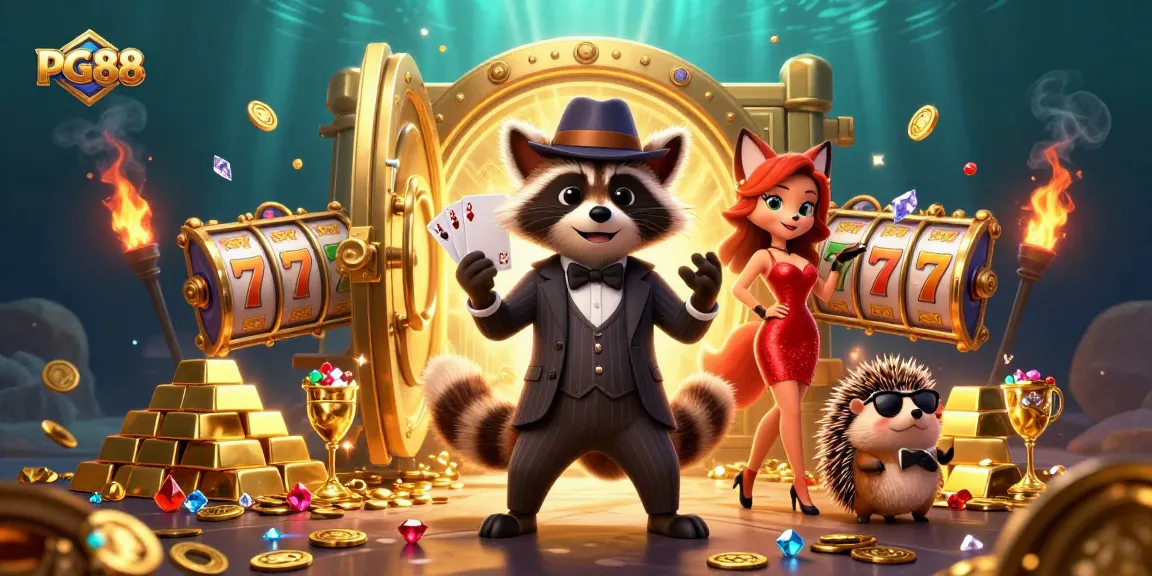 Engage in PG88's casino fun with raccoon, fox, and hedgehog characters amidst vibrant slot elements.