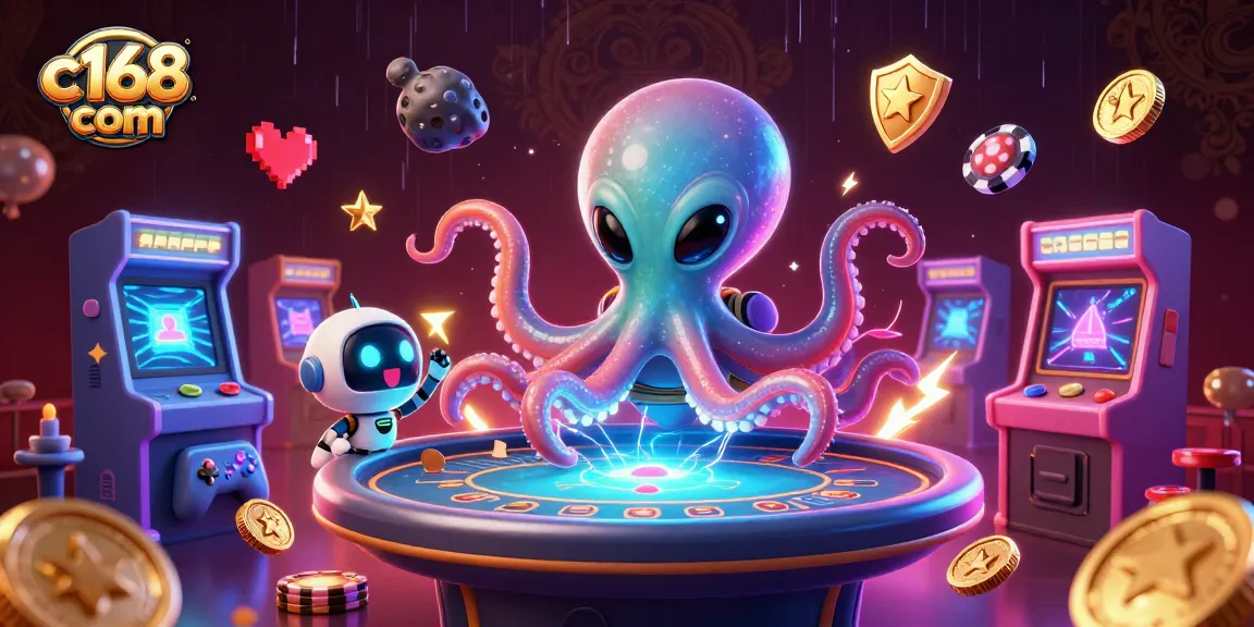 Experience thrilling gameplay at c168 com with an exciting holographic poker scene featuring a playful alien octopus.