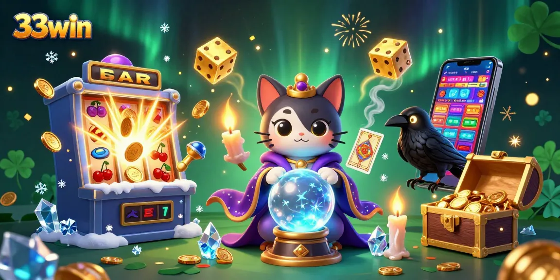 Experience thrilling gameplay at 33win with vibrant casino elements and a mystical fortune teller character.