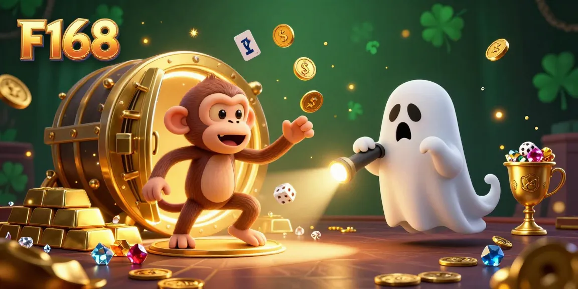 F168 showcases thrilling casino action with a mischievous monkey juggling golden coins and a curious puppy tracking it.