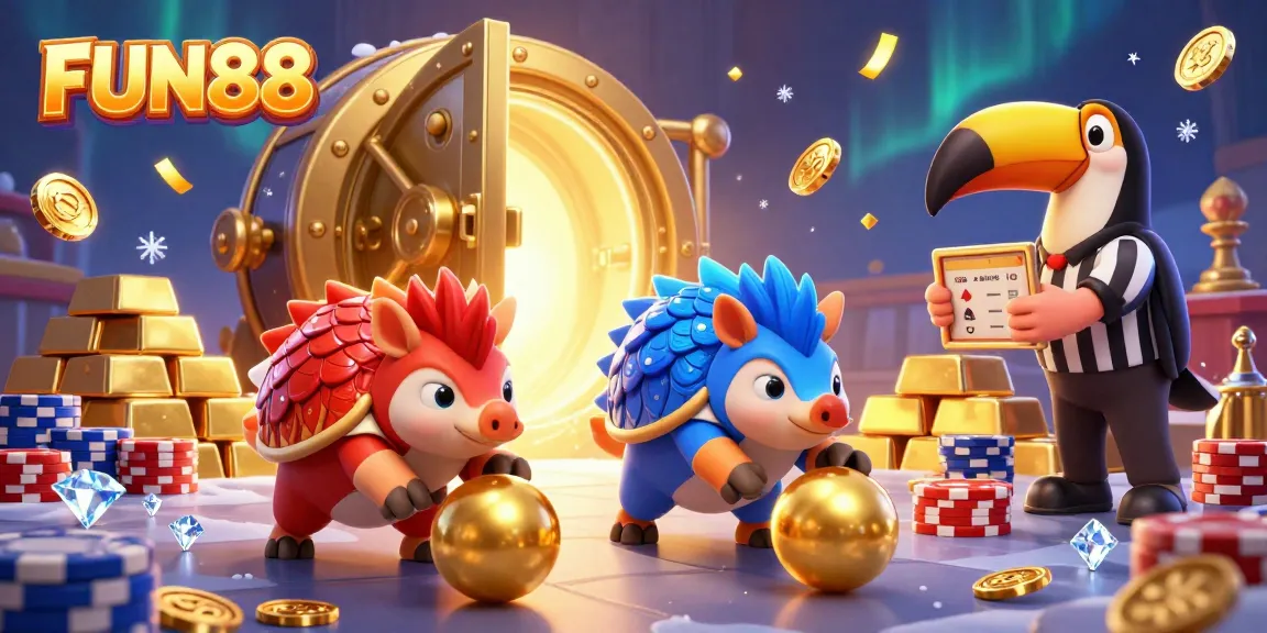 Groove your luck with FUN88 as pangolins compete in a vibrant casino showdown with gold treasures.