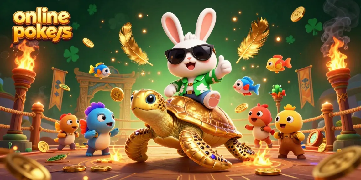 Experience thrilling online pokies action with a cartoon lucky rabbit and golden sea turtle.